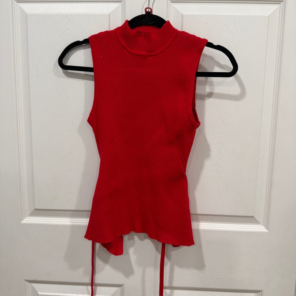 Forever 21 Red Ribbed Mock Neck Open Back Tie‎ Hem Sleeveless Top Medium